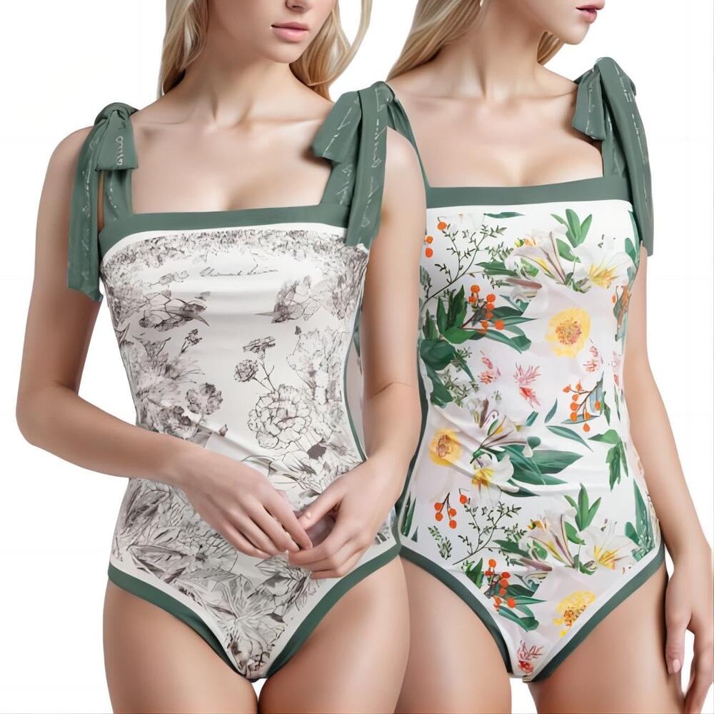 Women Bathing Suit Vintage Cute Adjustable Straps Reversible Dusty Green Small